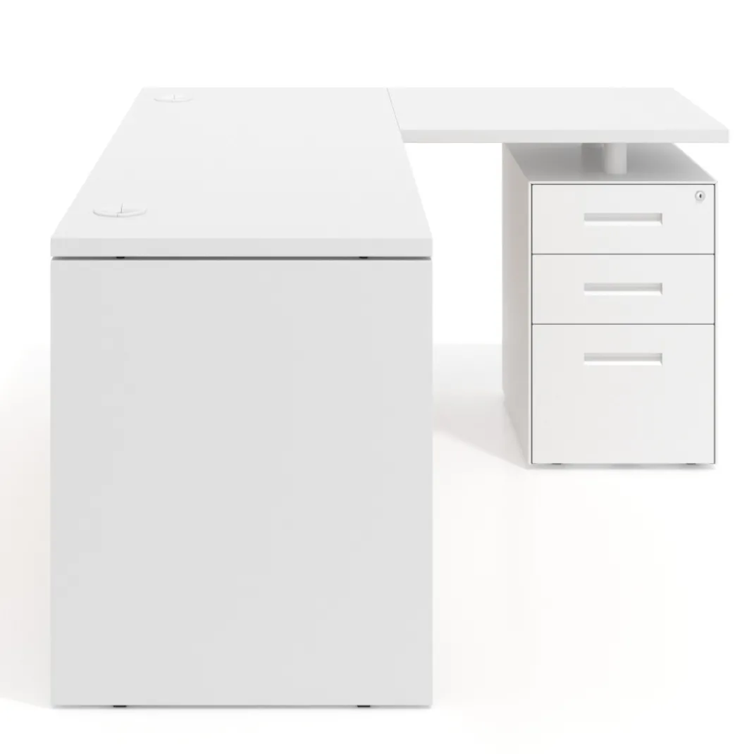 Mesa de Escritorio con cajones en L Work Plus, ala corta, fondo 60, frontales de metal estructura blanco mate