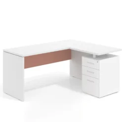 Mesa de Escritorio con cajones en L Work Plus, ala corta, fondo 60, frontales de metal estructura blanco mate