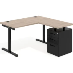 Mesa de Escritorio con cajones, fondo 68cm, estructura negra, ala corta, pedestal metálico