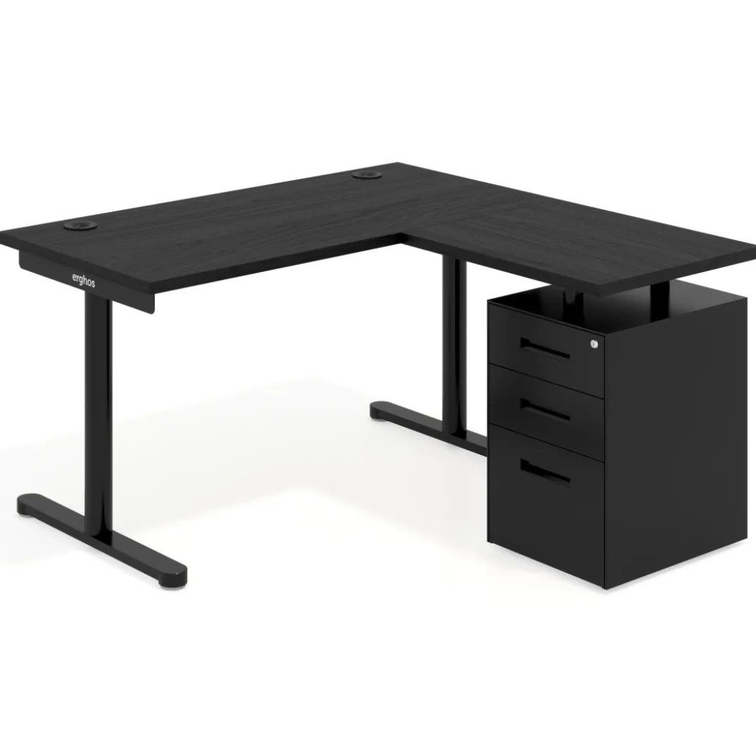 Mesa de Escritorio con cajones, fondo 68cm, estructura negra, ala corta, pedestal metálico