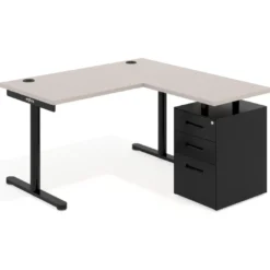Mesa de Escritorio con cajones, fondo 68cm, estructura negra, ala corta, pedestal metálico