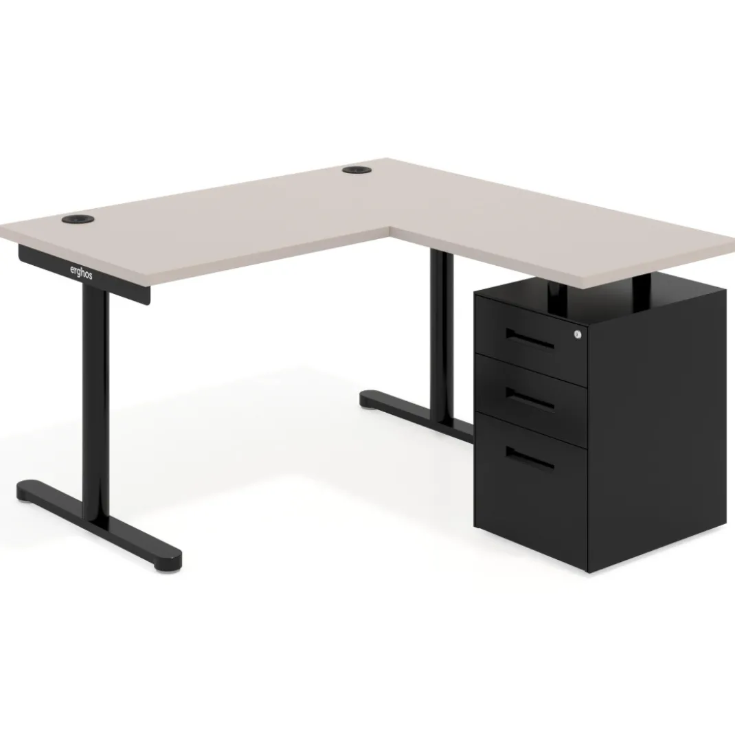 Mesa de Escritorio con cajones, fondo 68cm, estructura negra, ala corta, pedestal metálico