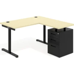 Mesa de Escritorio con cajones, fondo 68cm, estructura negra, ala corta, pedestal metálico