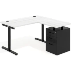 Mesa de Escritorio con cajones, fondo 68cm, estructura negra, ala corta, pedestal metálico