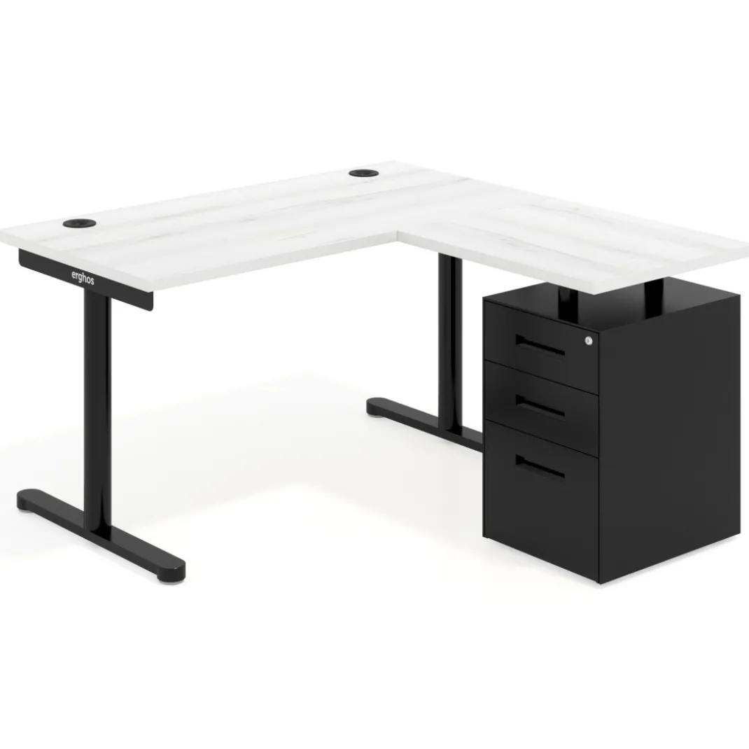 Mesa de Escritorio con cajones, fondo 68cm, estructura negra, ala corta, pedestal metálico