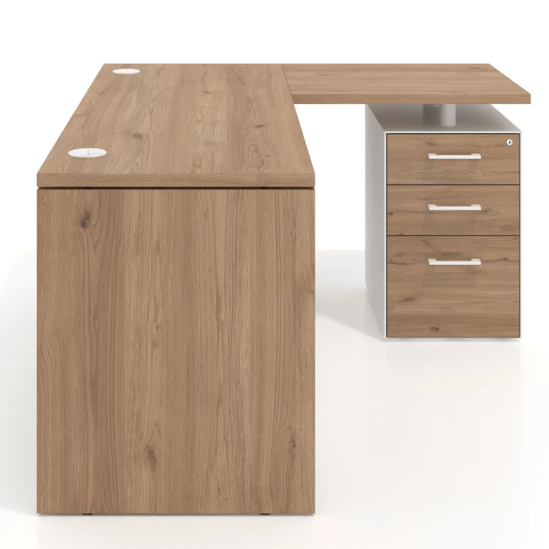 Mesa de Escritorio con cajones en L Work Plus, ala corta, fondo 60, frontales melamina estructura naturale
