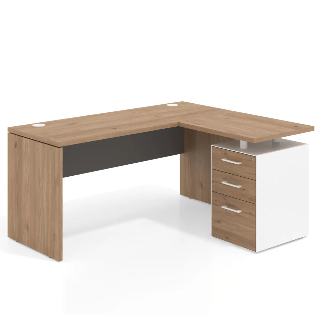 Mesa de Escritorio con cajones en L Work Plus, ala corta, fondo 60, frontales melamina estructura naturale