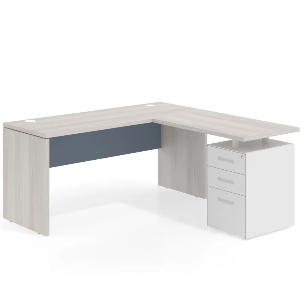 Mesa de Escritorio con cajones en L Work Plus fondo 60, frontales de metal estructura california