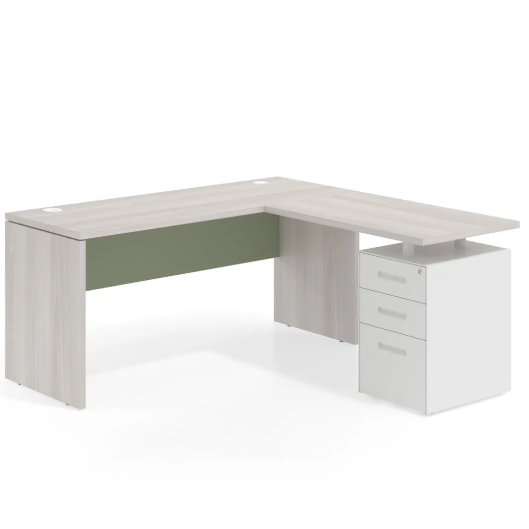 Mesa de Escritorio con cajones en L Work Plus fondo 60, frontales de metal estructura california