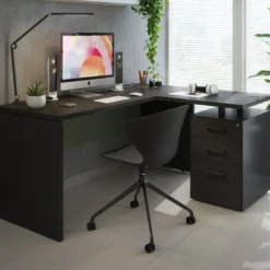 Mesa de Escritorio con cajones en L Work Plus, ala corta, fondo 60, frontales melamina estructura bocamina