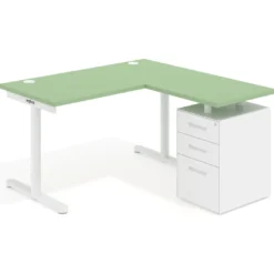 Mesa de Escritorio con cajones, fondo 68cm, estructura blanca, ala corta, pedestal metálico
