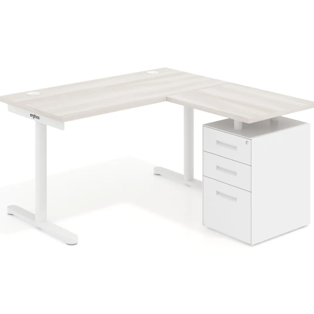 Mesa de Escritorio con cajones, fondo 68cm, estructura blanca, ala corta, pedestal metálico