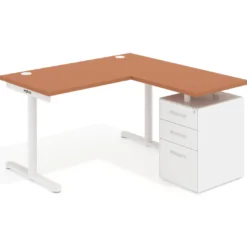 Mesa de Escritorio con cajones, fondo 68cm, estructura blanca, ala corta, pedestal metálico