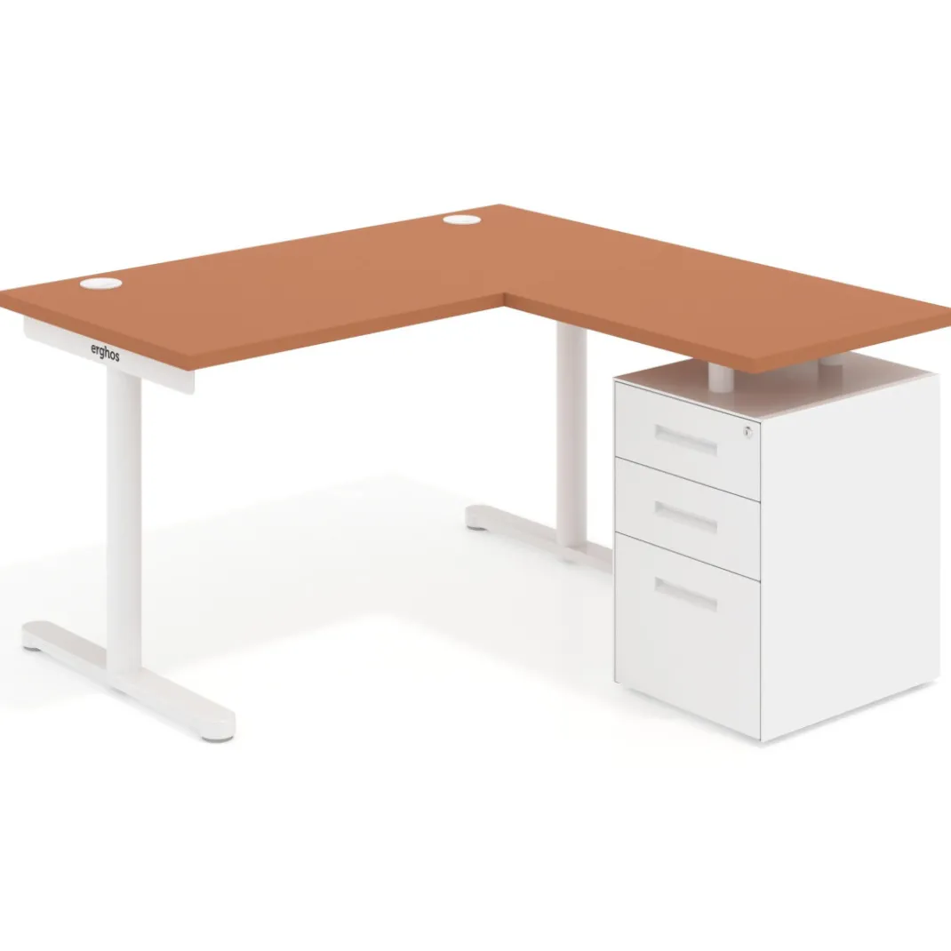 Mesa de Escritorio con cajones, fondo 68cm, estructura blanca, ala corta, pedestal metálico