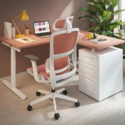 Mesa de Escritorio con cajones, fondo 68cm, estructura blanca, ala corta, pedestal metálico
