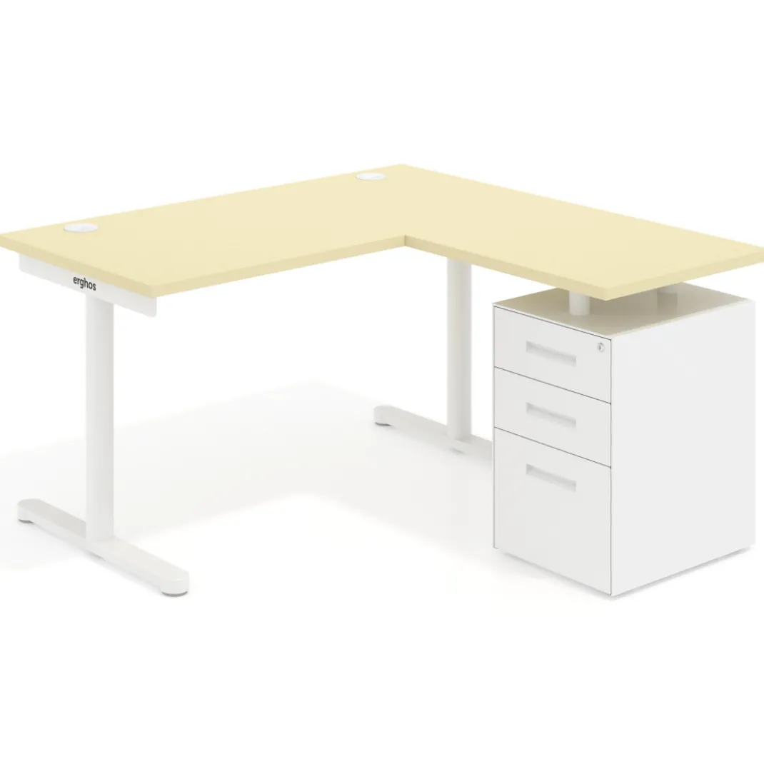 Mesa de Escritorio con cajones, fondo 68cm, estructura blanca, ala corta, pedestal metálico