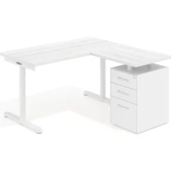 Mesa de Escritorio con cajones, fondo 68cm, estructura blanca, ala corta, pedestal metálico