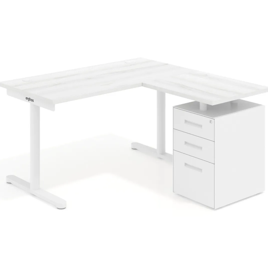 Mesa de Escritorio con cajones, fondo 68cm, estructura blanca, ala corta, pedestal metálico