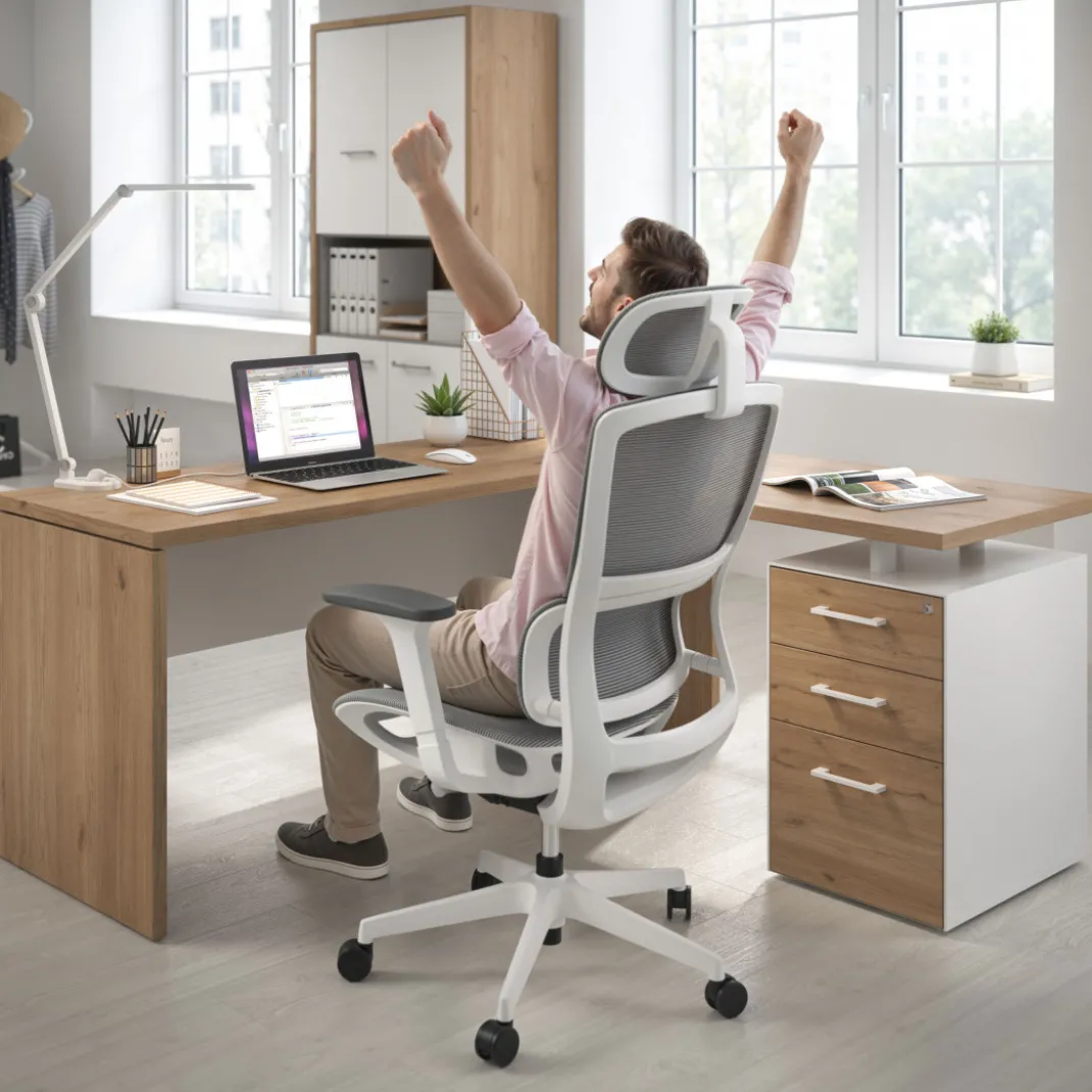 Mesa de Escritorio con cajones en L Work Plus fondo 60, frontales melamina estructura naturale