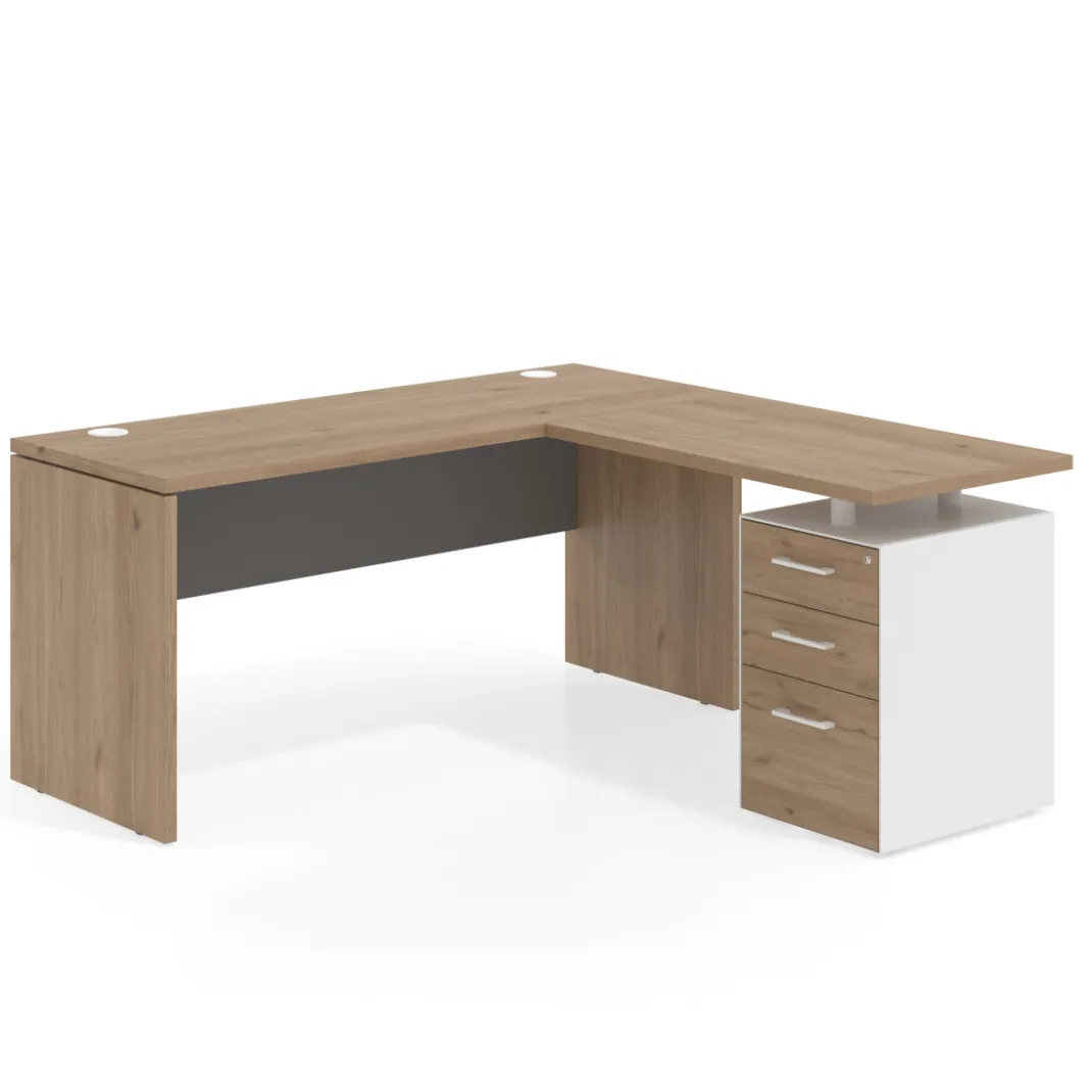 Mesa de Escritorio con cajones en L Work Plus fondo 60, frontales melamina estructura naturale