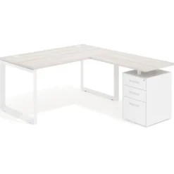 Mesa de escritorio en L con cajones Delta, estructura blanca, ala pedestal metal