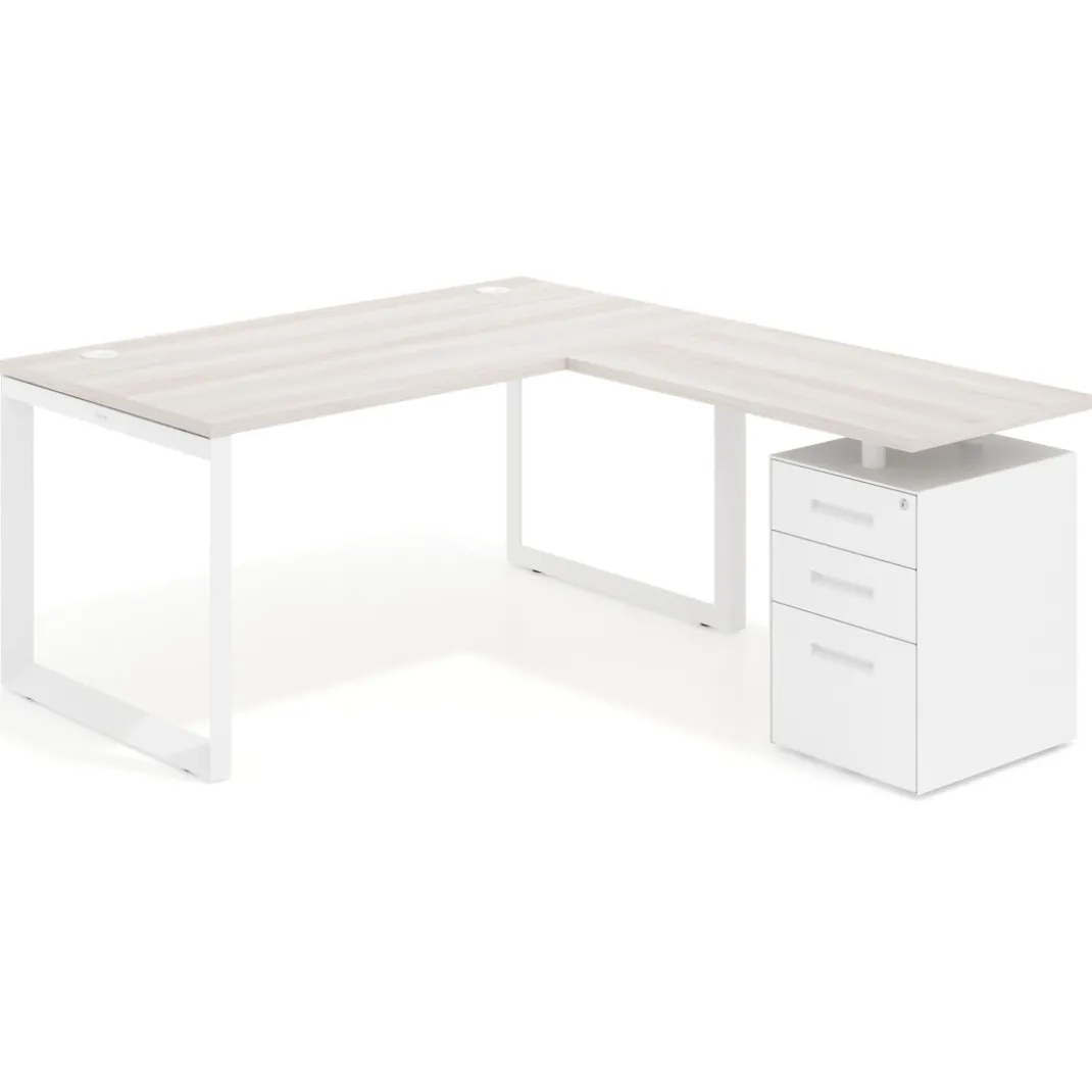 Mesa de escritorio en L con cajones Delta, estructura blanca, ala pedestal metal