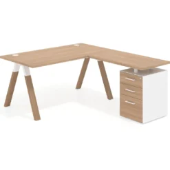 Mesa de escritorio en L con cajones UvePro, estructura blanca/madera, ala pedestal melamina