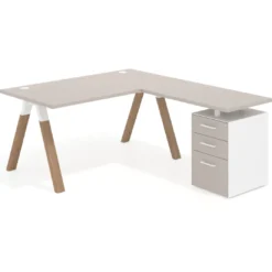 Mesa de escritorio en L con cajones UvePro, estructura blanca/madera, ala pedestal melamina