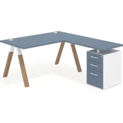 Mesa de escritorio en L con cajones UvePro, estructura blanca/madera, ala pedestal melamina