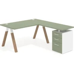 Mesa de escritorio en L con cajones UvePro, estructura blanca/madera, ala pedestal melamina