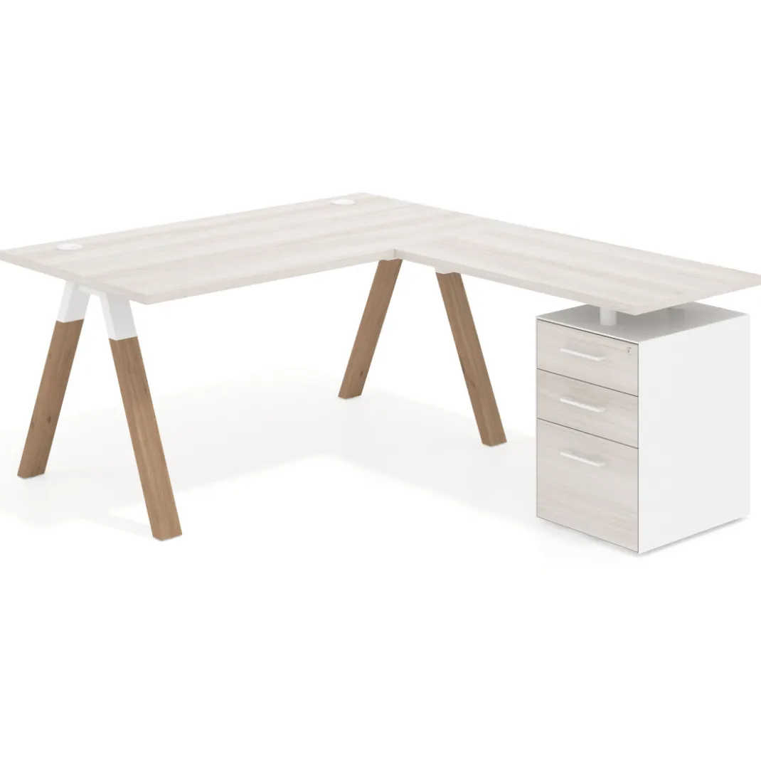 Mesa de escritorio en L con cajones UvePro, estructura blanca/madera, ala pedestal melamina