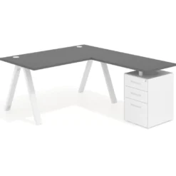 Mesa de escritorio en L con cajones UvePro, estructura blanca, ala pedestal metal