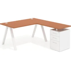 Mesa de escritorio en L con cajones UvePro, estructura blanca, ala pedestal metal