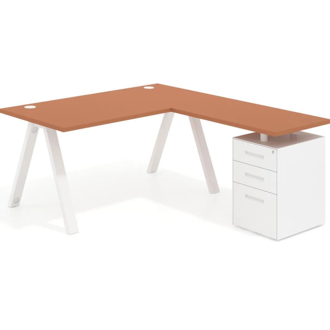 Mesa de escritorio en L con cajones UvePro, estructura blanca, ala pedestal metal