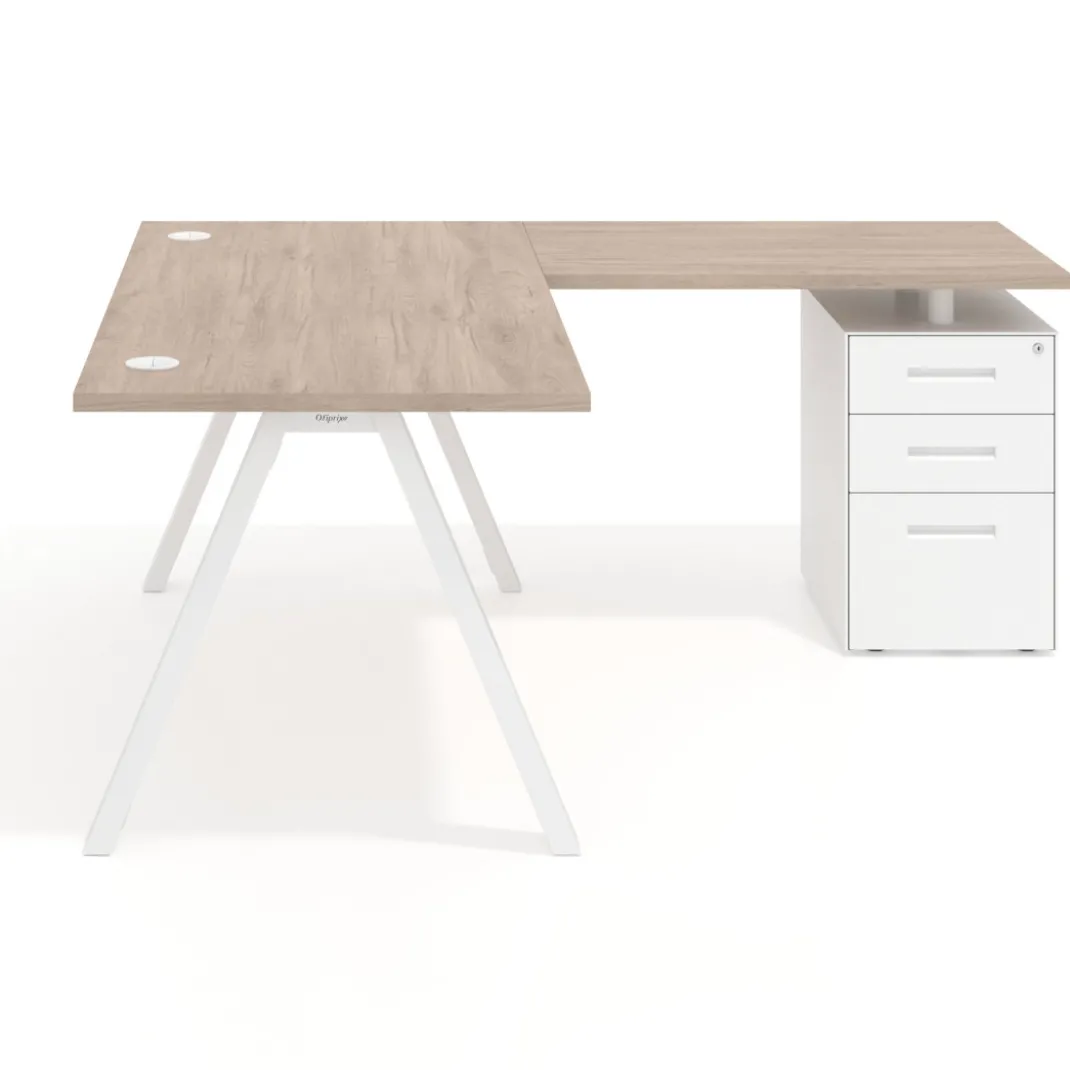 Mesa de escritorio en L con cajones UvePro, estructura blanca, ala pedestal metal