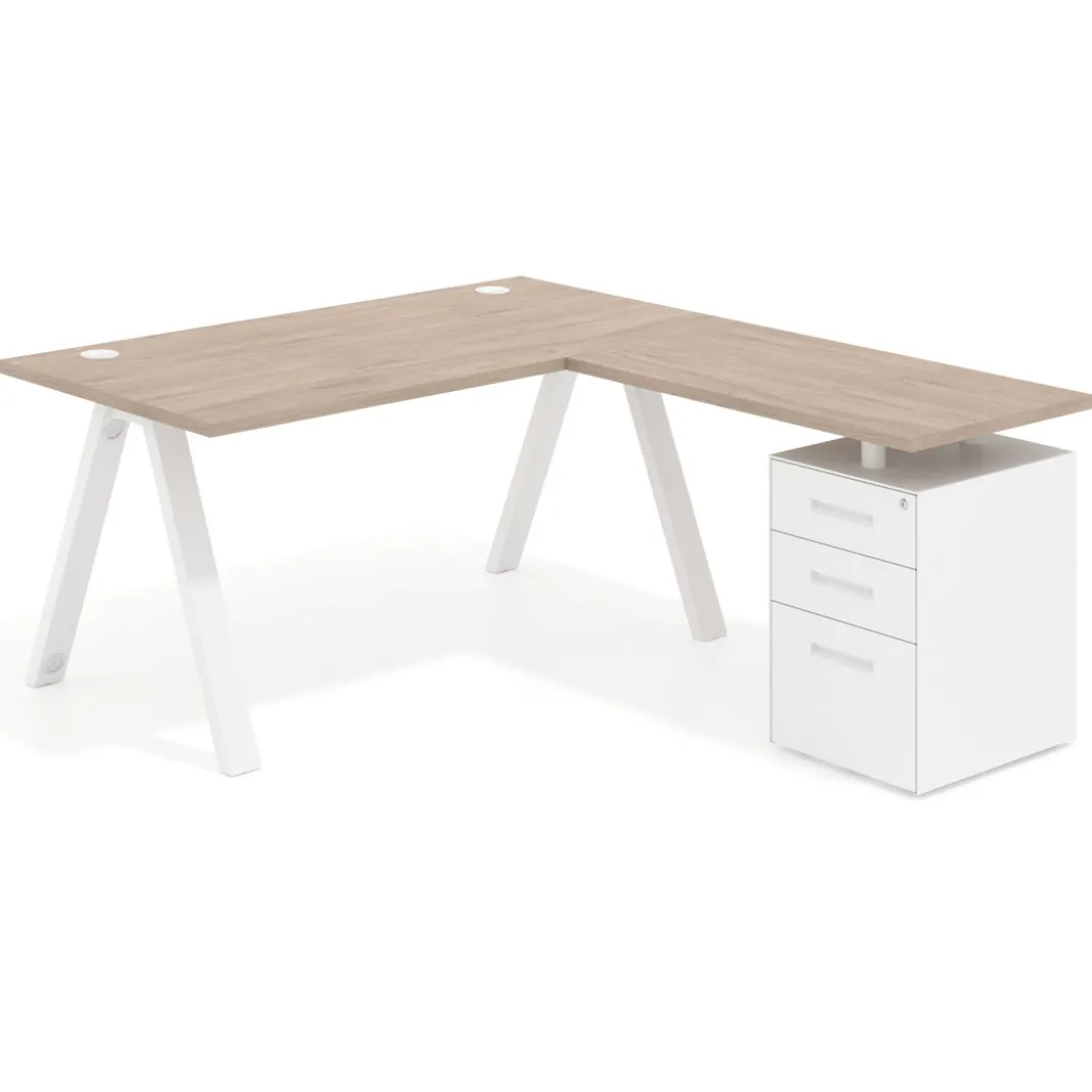 Mesa de escritorio en L con cajones UvePro, estructura blanca, ala pedestal metal