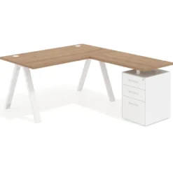 Mesa de escritorio en L con cajones UvePro, estructura blanca, ala pedestal metal