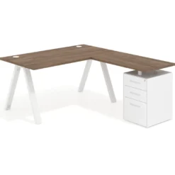 Mesa de escritorio en L con cajones UvePro, estructura blanca, ala pedestal metal