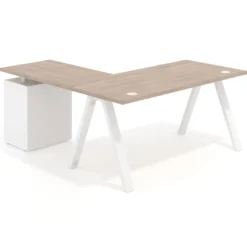 Mesa de escritorio en L con cajones UvePro, estructura blanca, ala pedestal metal