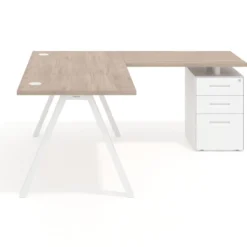 Mesa de escritorio en L con cajones UvePro, estructura blanca, ala pedestal metal