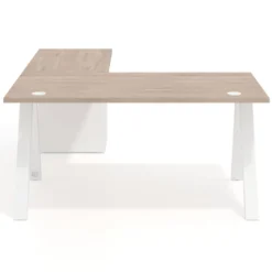 Mesa de escritorio en L con cajones UvePro, estructura blanca, ala pedestal metal