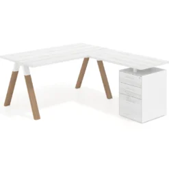 Mesa de escritorio en L con cajones UvePro, estructura blanca/madera, ala pedestal melamina