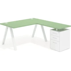 Mesa de escritorio en L con cajones UvePro, estructura blanca, ala pedestal metal