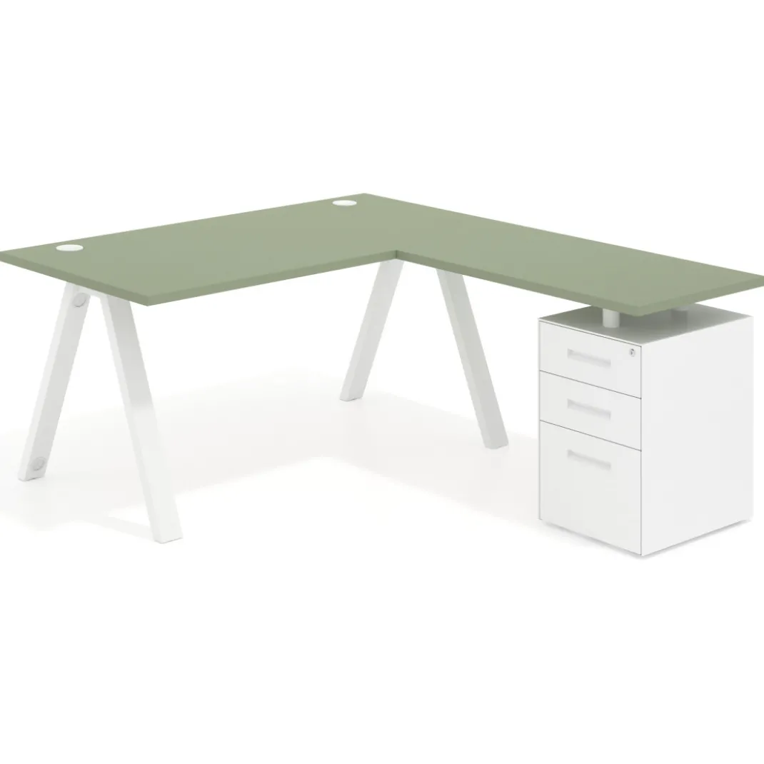 Mesa de escritorio en L con cajones UvePro, estructura blanca, ala pedestal metal
