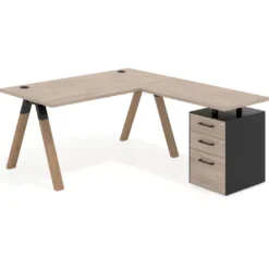 Mesa de escritorio en L con cajones UvePro, estructura negra/madera, ala pedestal melamina