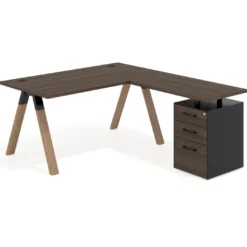 Mesa de escritorio en L con cajones UvePro, estructura negra/madera, ala pedestal melamina