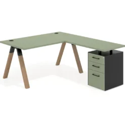 Mesa de escritorio en L con cajones UvePro, estructura negra/madera, ala pedestal melamina