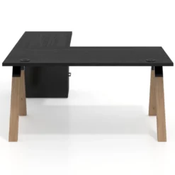 Mesa de escritorio en L con cajones UvePro, estructura negra/madera, ala pedestal melamina