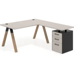 Mesa de escritorio en L con cajones UvePro, estructura negra/madera, ala pedestal melamina