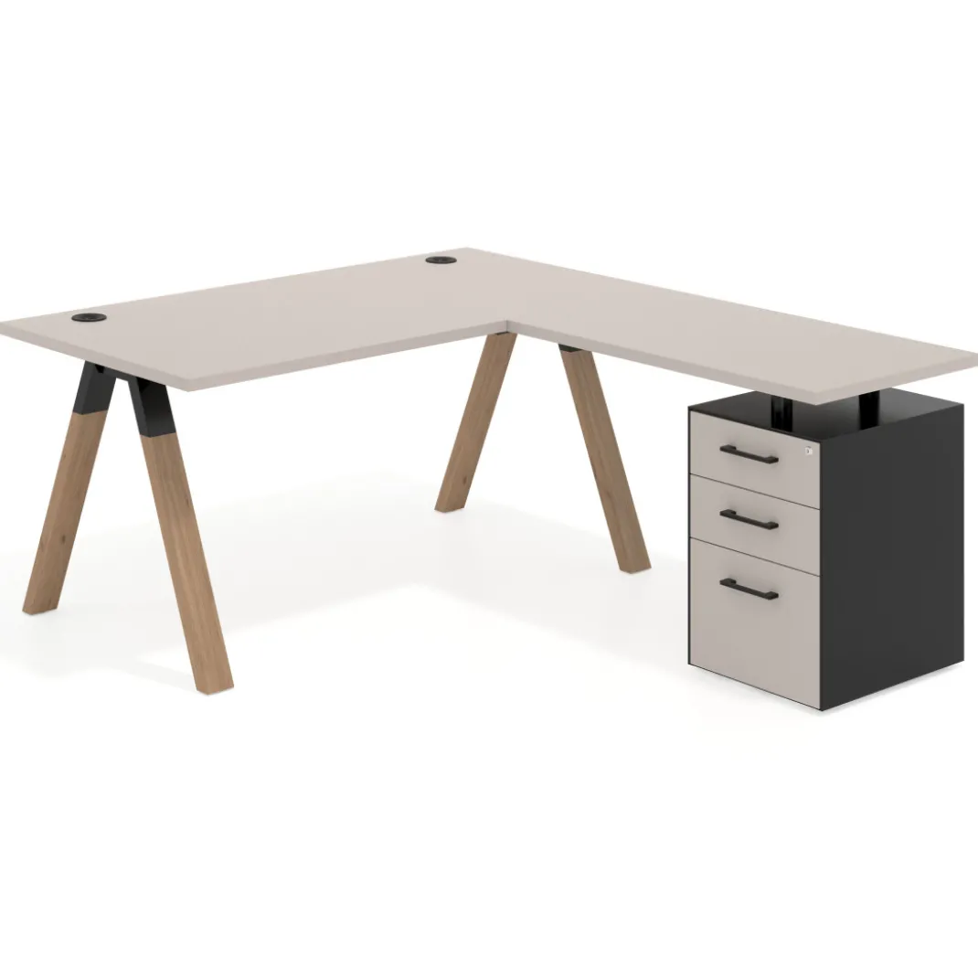 Mesa de escritorio en L con cajones UvePro, estructura negra/madera, ala pedestal melamina